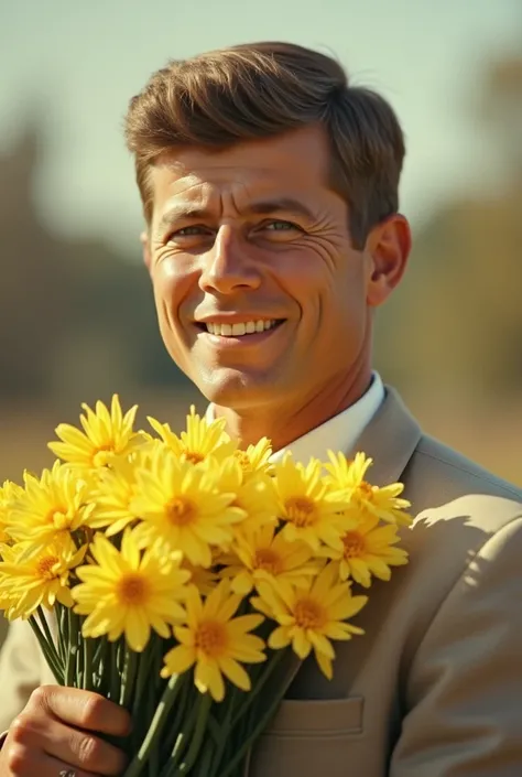 John F. Kennedy joven sosteniendo una flores amarillas 
Imagen realista
Filtro de los 80s