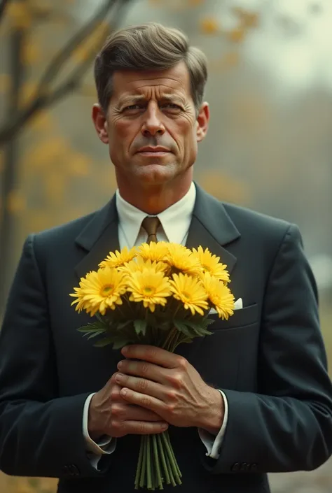 John F. Kennedy sosteniendo una flores amarillas 
Imagen realista
Filtro de los 80s