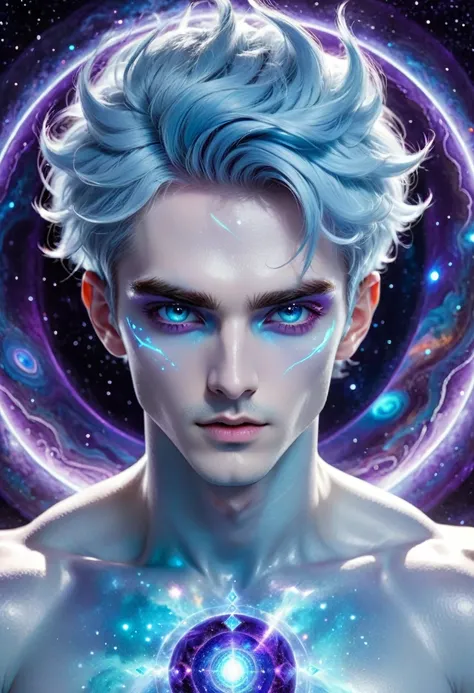 hot guy, pale blue skin, amathyst eyes, elements of cosmic energy