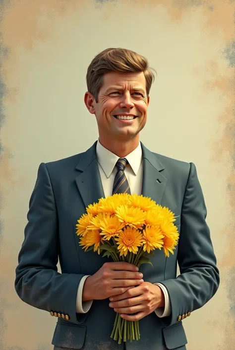 John F. Kennedy un poco joven sosteniendo una flores amarillas 
Imagen realista
Filtro de los 80s
Granulado 