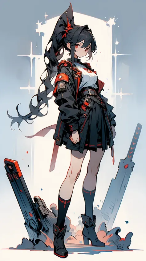 A full-body character sheet of a girl with twin-tails, standing symmetrically and facing directly forward. She is wearing a military uniform with precise detailing, including a jacket, skirt, and boots. The style is anime-inspired with a focus on clean lin...