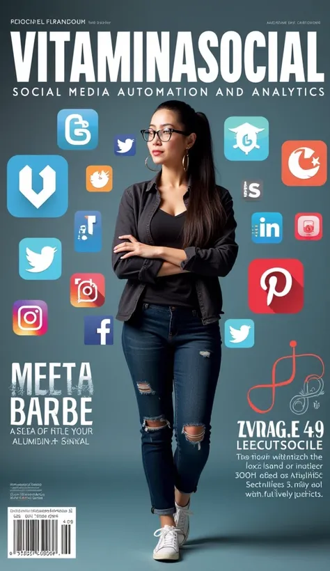 A magazine cover with the title "vitaminasocial" Large letters very visible, and a subtitle "Social media automation and analytics". The background of the cover are logos of social networks that show their followers., In the front a 40 year old woman with ...