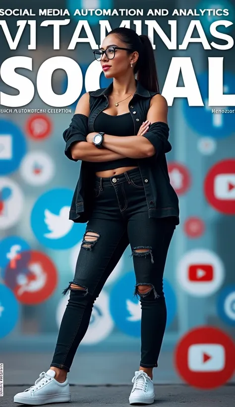 A magazine cover with the title "vitaminasocial" Large letters very visible, and a subtitle "Social media automation and analytics". The background of the cover are logos of social networks that show their followers., In the front a 40 year old woman with ...