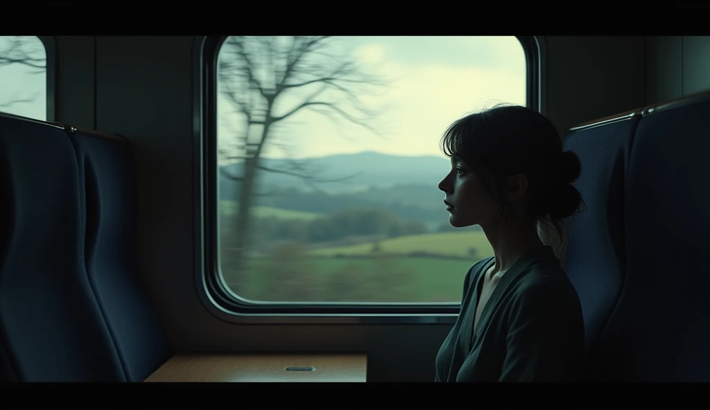 A woman staring thoughtfully out the train window