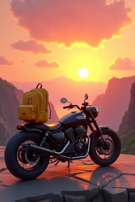 A picture of a yellow bagpack on a parked black geared motorbike on a cliff with fhe view of the valley during sunset without a person on it. Its should be animated

