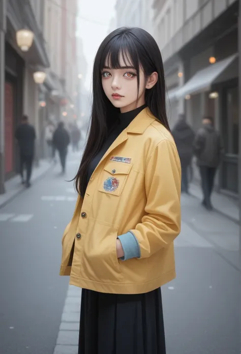 one girl, yellow jacket, put your hands in your pockets, gaze here, long black hair, heterochromatic eyes, heterochromatic eyes,...