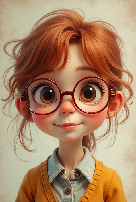 Short girl with glasses, big eyes, red hair and brown hair