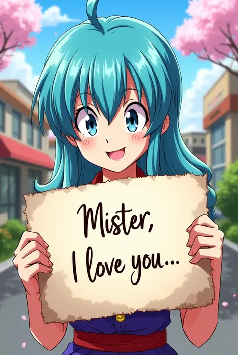 Bulma from Dragon Ball Super holding a sign saying Mister I love you