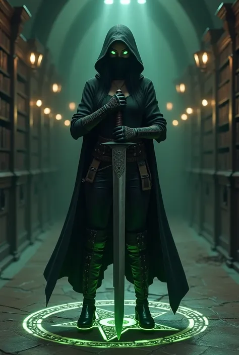 Positive Prompts:"Full-body 3D animated portrait of a mysterious female vampire hunter in a combat stance. She wears a dark hooded cloak that obscures most of her face, with only her intensely glowing green eyes visible beneath the hood. To further conceal...