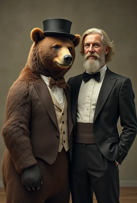 A grizzly bear wearing a bowtie and a fedora with , a medium sized blonde hair and a full face beard human butler wearing a tuxedo . Behind him