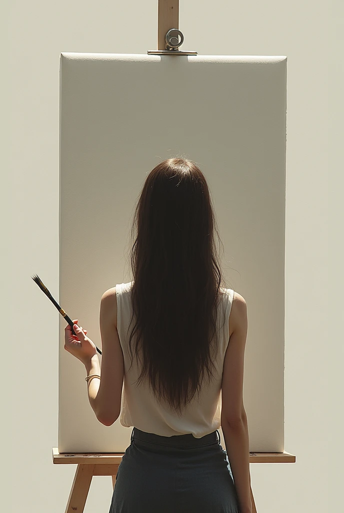 A girl. Holding a brush on a canva. Facing backwards on the screen. Whole body facing back. Only hair can be seen. 