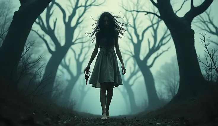 an ominous barefoot woman, with tangled hair covering part of his face, walks towards the viewer. In one of his hands, gently holds a broken toy. The atmosphere must be cold and full of horror, with an overcast sky and ominous trees. 