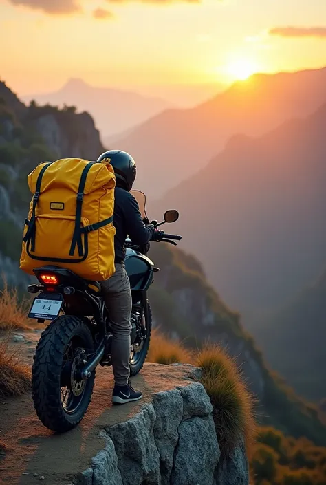 A picture of a big yellow travel bagpack alongside a adeventure tourer motorbike kept on a mountain cliff. The picture should not show the entire motorbike but just a bit of tyre along with side profile and the bagpack with the view of the valley during su...