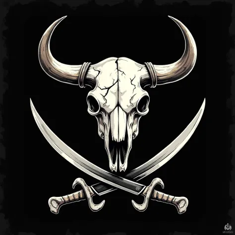 A detailed pirate flag (Jolly Roger) featuring the skull of a fierce bull with large, sharp horns. The bulls skull is centered on a black background, with the horns curved upward in an aggressive stance. Below the skull are two crossed machetes, replacing ...