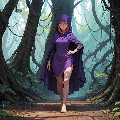 A Sheila, in a forest wearing a dark purple hood,.She is walking among leaves, half of her body is invisible and camouflaged., she is barefoot,bright eyes.