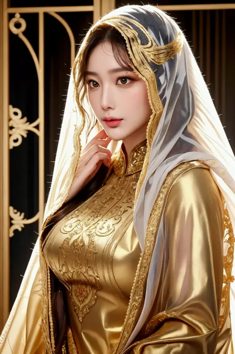 Supermodel with long, curly, flowing hair, detailed, Wearing gold (Translucent and elaborately embroidered) (Metal surgical mesh mask) Cover one&#39;s face, ((Veiled mouth)), wearing strange future fashion,  Luxurious and sophisticated gold accents, cinema...