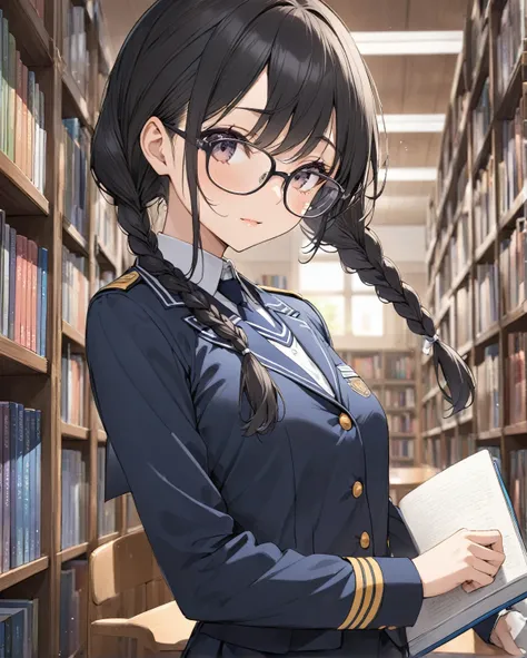 High school girls、1 person、Black Hair、Braids、Pigtails、Glasses、uniform、Library、