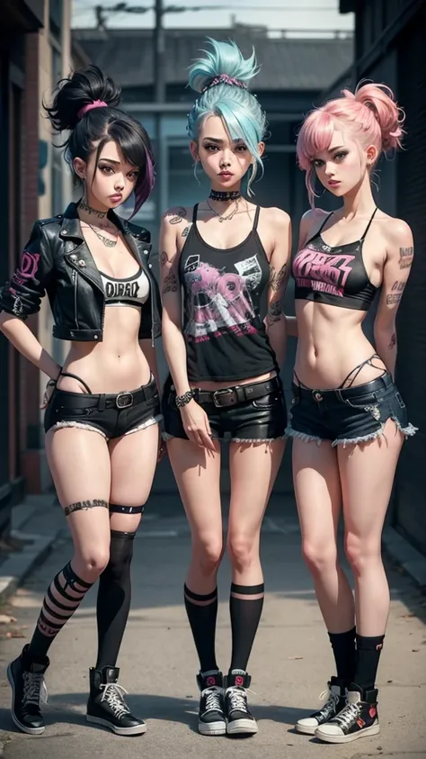 NSFW, 3 teen girls, slim, skinny, 3 different hairstyles, punk rock band, slutty clothing,  