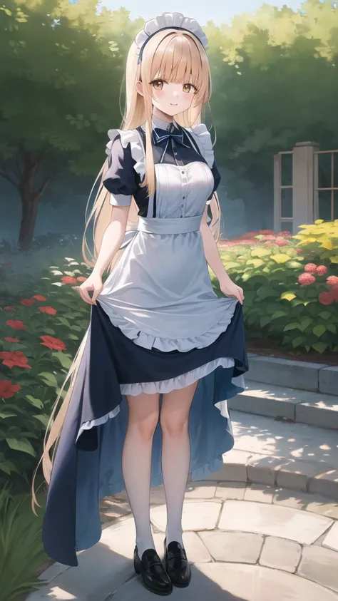 masterpiece, best quality, highres, aamahiru, long hair, small breasts, maid, maid headdress, apron, garden, skirt hold, standing