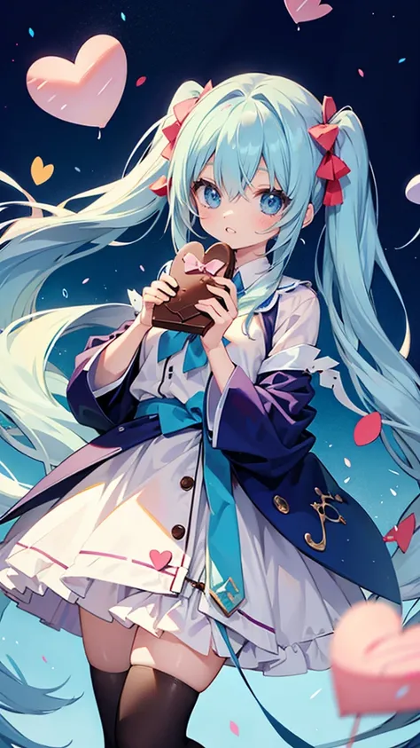 Light blue long hair、Anime girl with big chocolate in twintails valentine&#39;s day ribbon, Holding chocolate in hand、Background filled with white flowers、anime moe art style,cute lolita costume, Cute girl anime visual, small change girl, anime food, small...