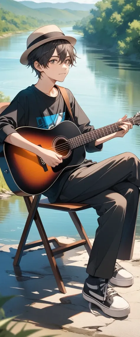 A teenager boy sit in chair,while holding a guitar ,river background, wearing a hat