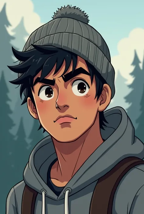 Native young man, twenty years old black hair eye length with bushy eyebrows, a mustache and a serious look. Wearing a grey hoodie over his beanie. WEBTOON art. Medium sized cheeks a little chubby but not a lot.