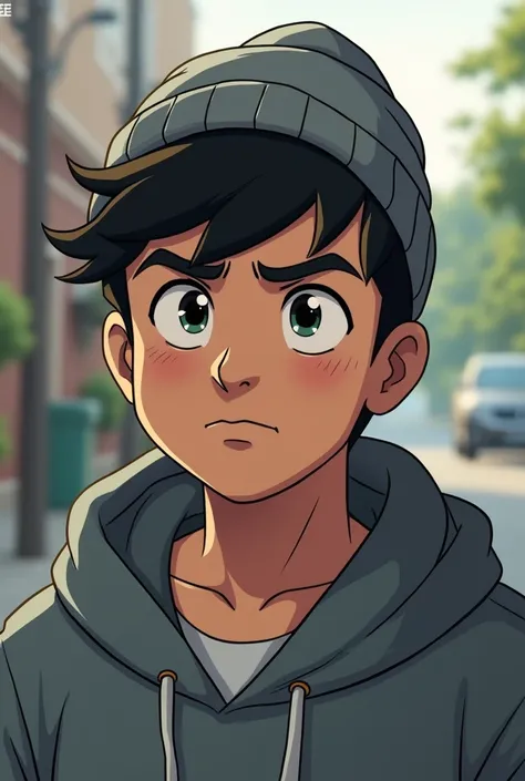 Native young man, twenty years old black hair eye length with bushy eyebrows, a mustache and a serious look. Wearing a grey hoodie over his beanie. WEBTOON art. Medium sized cheeks a little chubby but not a lot.