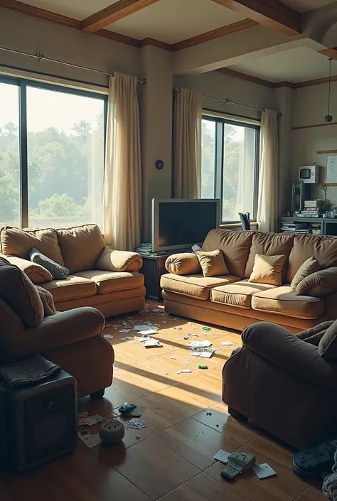 a large room with three sofas, The biggest one is on the other side of the room from the television., The medium sofa has 4 cushions on it, and next to the small sofa there is a backpack, the room is messy