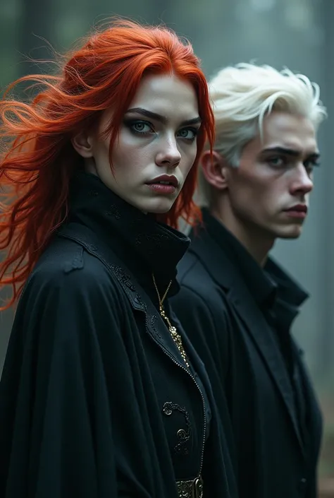 YOUNG WITCH redhead with black eyes. Powerful and sinister expression. YOUNG MAN with white hair and black eyes. mysterious expression. They look like dark gods. 