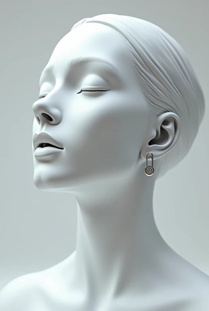 Virtual store "silver highlights" Statue of a woman&#39;s face without hair with minimalist silver earrings 
