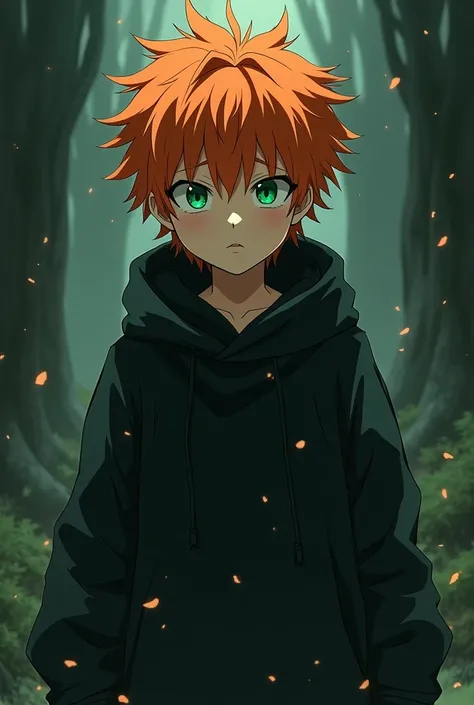 Draw me an anime style character that is a boy with orange hair, green eyes which dress with wide and dark old clothes, that looks imposing and seems to be cursed by a demon