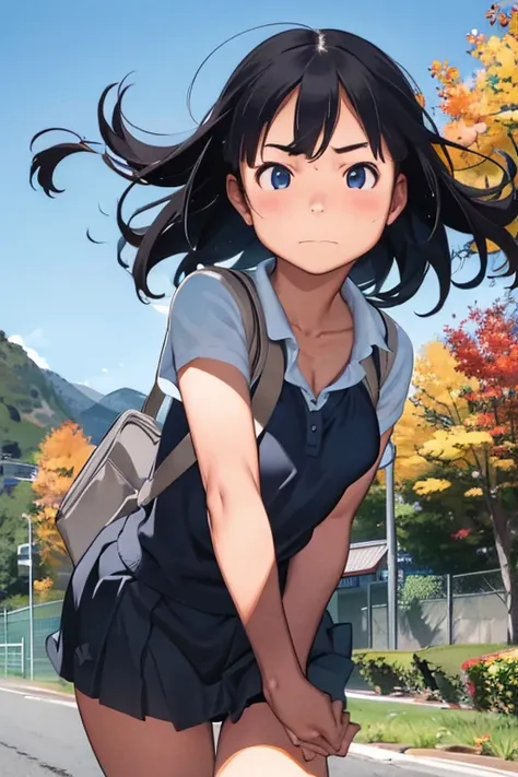 Beautiful Face、beautiful girl、One Girl、Serious face、Sparkling Eyes、Healthy Skin、Bright autumn sun、School grounds、Mountains in the distance々、Blue Sky、Detailed Hair、Small breasts、Cleavage、Slender、Hair blowing in the wind、Looking up、Blushed cheeks、looking at ...