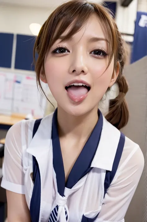 cheerful face,face focus,opening mouth widely,excessive cum in open mouth,happy,at office,disheveled,look up,sailor uniform,tie,