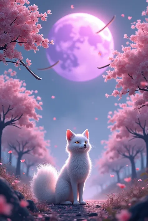 Japanese fox with sakura trees and swords in the sky with moon in purple backdrop 