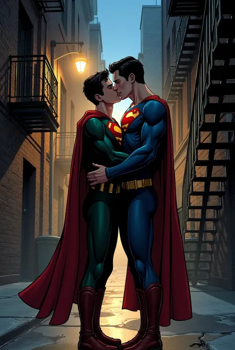 Robin is a man (damian wayne) y super boy (johnatan kent) son of superman is a man kissing in an alley DC comics style 
