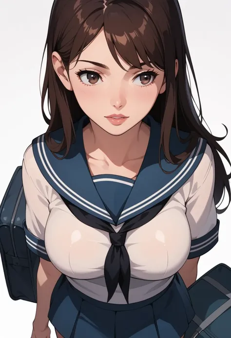 score_9, score_8_up, score_7_up, rating_explicit BREAK source_anime, realistic anime art style, Girl in sailor suit with school bag, dark brown hair, 　large breasts, long hair, Fair-skinned, pale skin, fair skin, 　No Background, white background, rear view...