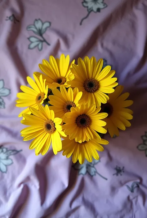 Photo taken from above of a bouquet of yellow flowers lying on a third-world pastel purple bed with a pastel purple flower design. Don&#39;t forget that it&#39;s third-world., I don&#39;t want the pillows to be visible, just the bedspread, and the bed to b...