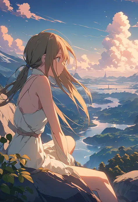 Anime girl sitting on a rock looking at the sky,A tower piercing the sky in the distance, Makoto Shinkai Cyril Rolland, anime art wallpaper 4k, anime art wallpaper 4k, Cyril Rolland and Goro Fujita, anime art wallpaper 8k, 4k anime wallpaper, anime wallpap...