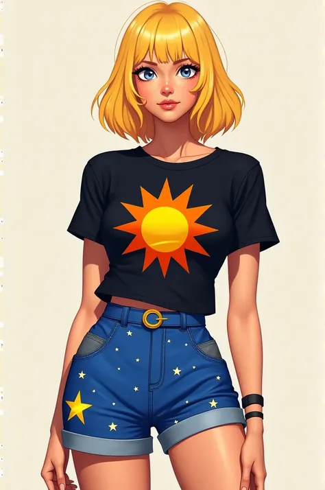 Female character has blonde hair, has a black shirt with the sun in the middle and has a blue shock with stars and has normal skin