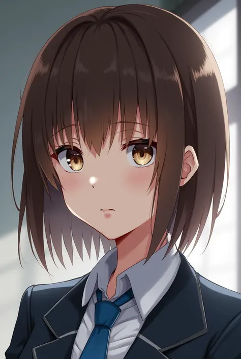 High School girl student with amber eyes, short hair that reached till the shoulders with brunette colours, the wolf bangs thingy being cream,blue tie and school uniform, big breasts.. She is raising an eyebrow in confusion

Make it seem like a profile pic