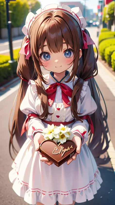 Light brown long hair、Anime girl with big chocolate in twintails valentine, ribbon, Holding chocolate in hand、Background filled with white flowers、anime moe art style,cute lolita costume, Cute girl anime visual, small change girl, anime food, small curvy c...