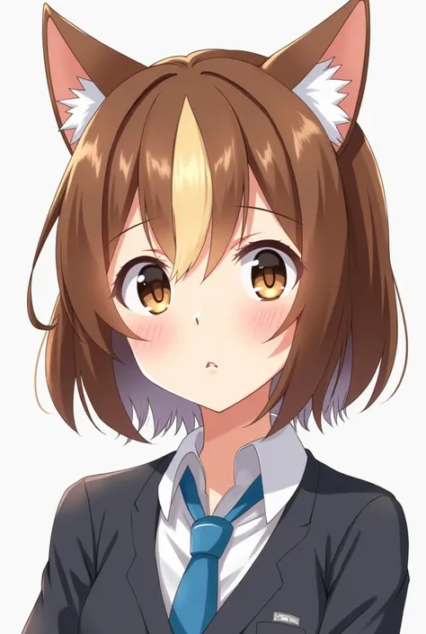 High School girl student with amber eyes, short hair that reached till the shoulders with brunette colours, the wolf bangs thingy being cream,blue tie and school uniforme. She is raising an eyebrow in confusion

Make it seem like a profile pic