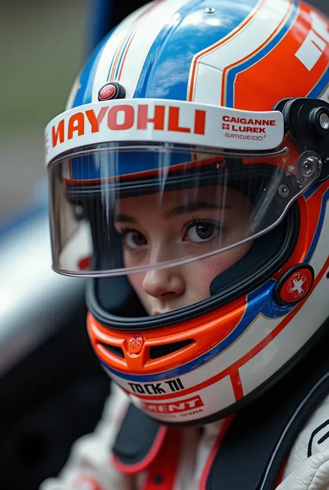 1girl is wearing F1 helmet, (((ARAI helmet))), circuit, ((sitting F1 cockpit)), hard breathing, injured, (((big car accident))), Japanese girl, cute girl, (((racing helmet:1.3))), (((fullface helmet:2.0))), ((covered mouth)), covered nose, hide nose, (((to...