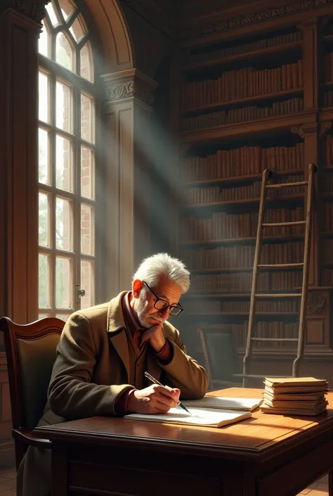 adult man writing in a library full of books