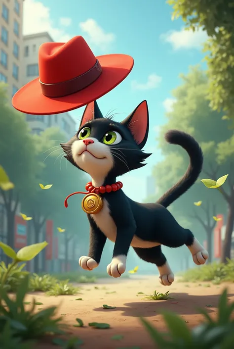 Tito, a young adult cat, with black hair and white legs, with large, curious light green eyes, She wears a red necklace with a round medal hanging in the center.. An afternoon, While Tito was walking through the city park and a strong wind blew through the...