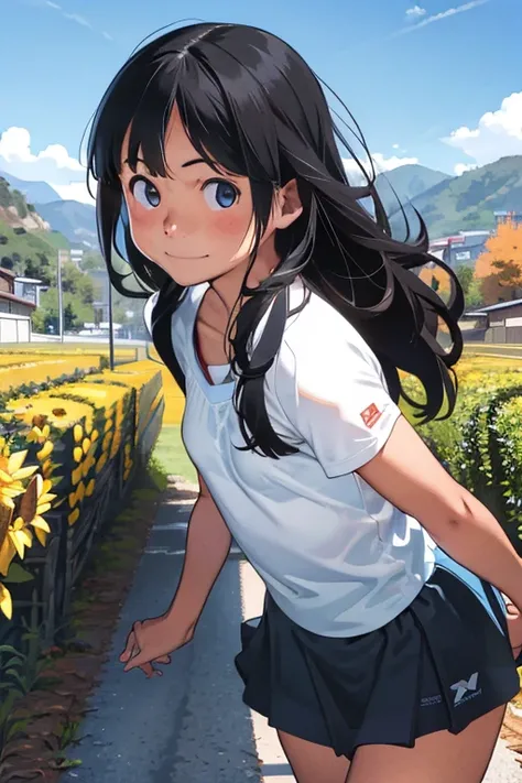 Beautiful Face、beautiful girl、One Girl、Mischievous smile、Grinning、Sparkling Eyes、Healthy Skin、Bright autumn sun、School grounds、Mountains in the distance々、Blue Sky、Detailed Hair、Small breasts、Cleavage、Slender、Hair blowing in the wind、Looking up、Blushed chee...