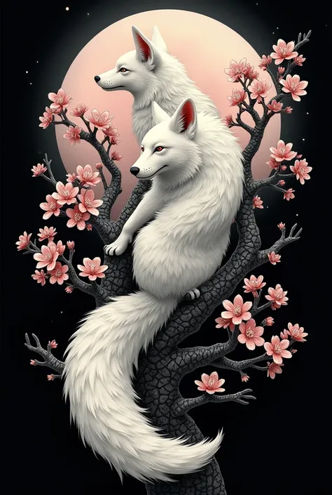 Tattoo design of a white Japanese nine-tailed fox with swords on its back sitting on a sakura tree with a half moon