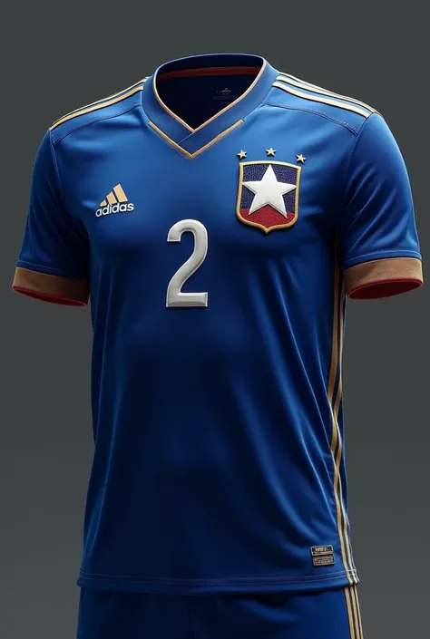 Take a photo of the Chilean national team&#39;s soccer jersey, that has extremely subtle and elegant golden details, with a good-sized white star in the center of the chest, the blue touches being larger and clearer

