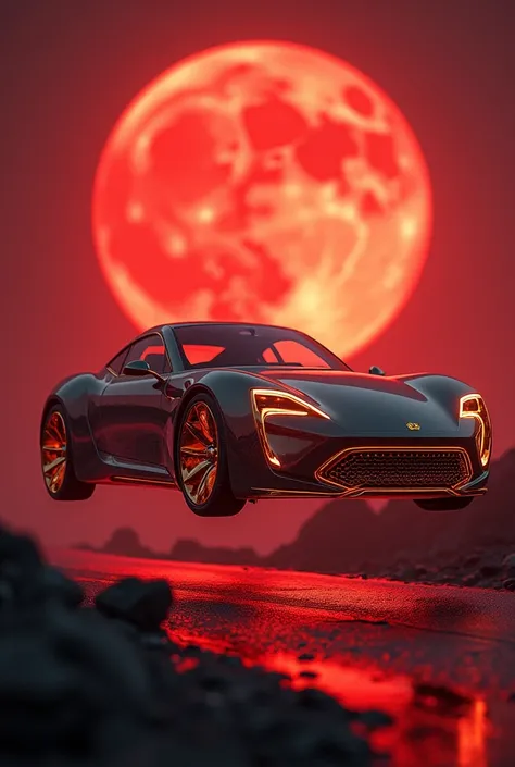 Glass and gold car with no wheels floating above road on a red moon night