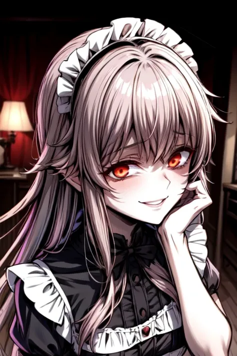 {Yandere maid}, short colorful hair, cute maid outfit, petite and small animal-like, smiling warmly at {her favorite customer}, acting normal, {hidden madness}, soft café lighting, warm atmosphere, heart racing with obsession, intensely focused on him, sec...